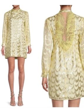 NWT DELFI COLLECTIVE michelle dress in yellow GOLD metallic FEATHERS XS retro